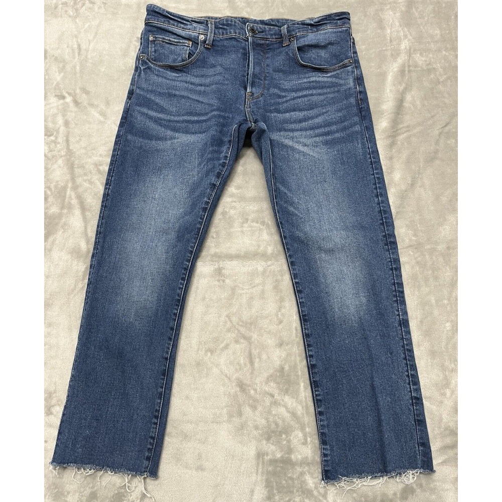 G Star Raw Jean Men 34x30 BlueWash 3301Straight ButtonFly RawHem Stretch Whisker